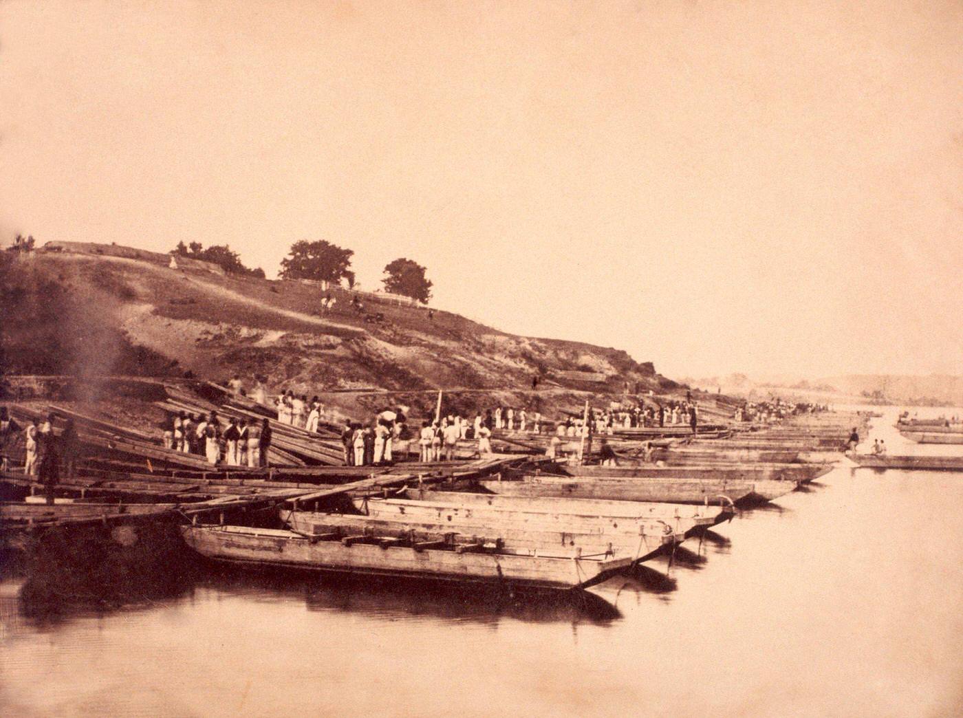 Union engineers are timed as they build a pontoon bridge near Washington, D.C., during the American Civil War.