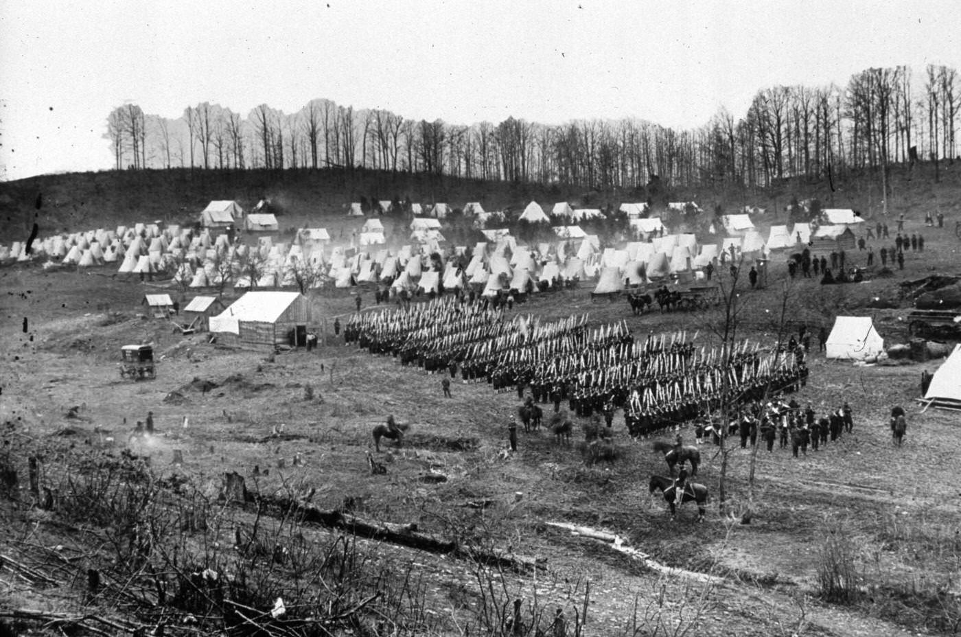 Members of the Union Army's 96th Pennsylvanian Regiment carry out a drill at Camp Northumberland outside Washington DC.