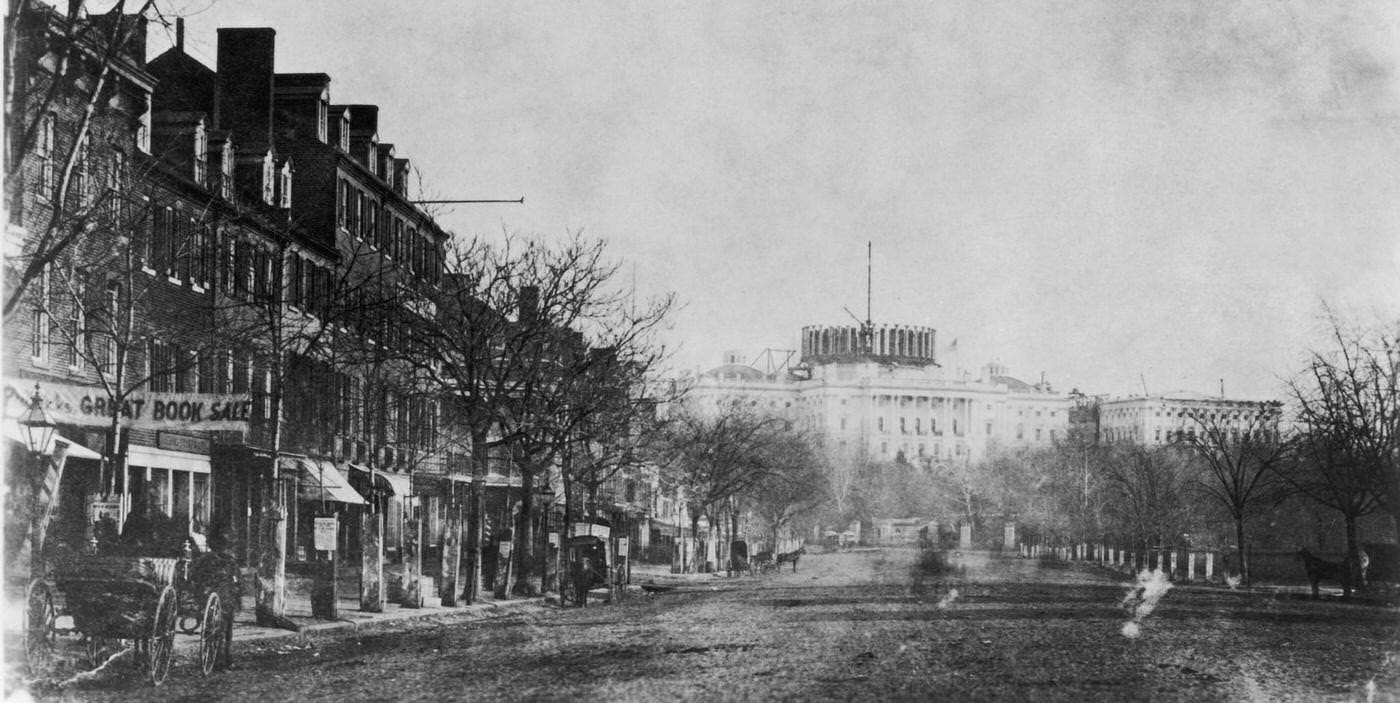 The United States Capitol Building under construction, viewed from Pennsylvania Avenue, Washington DC, 1860.