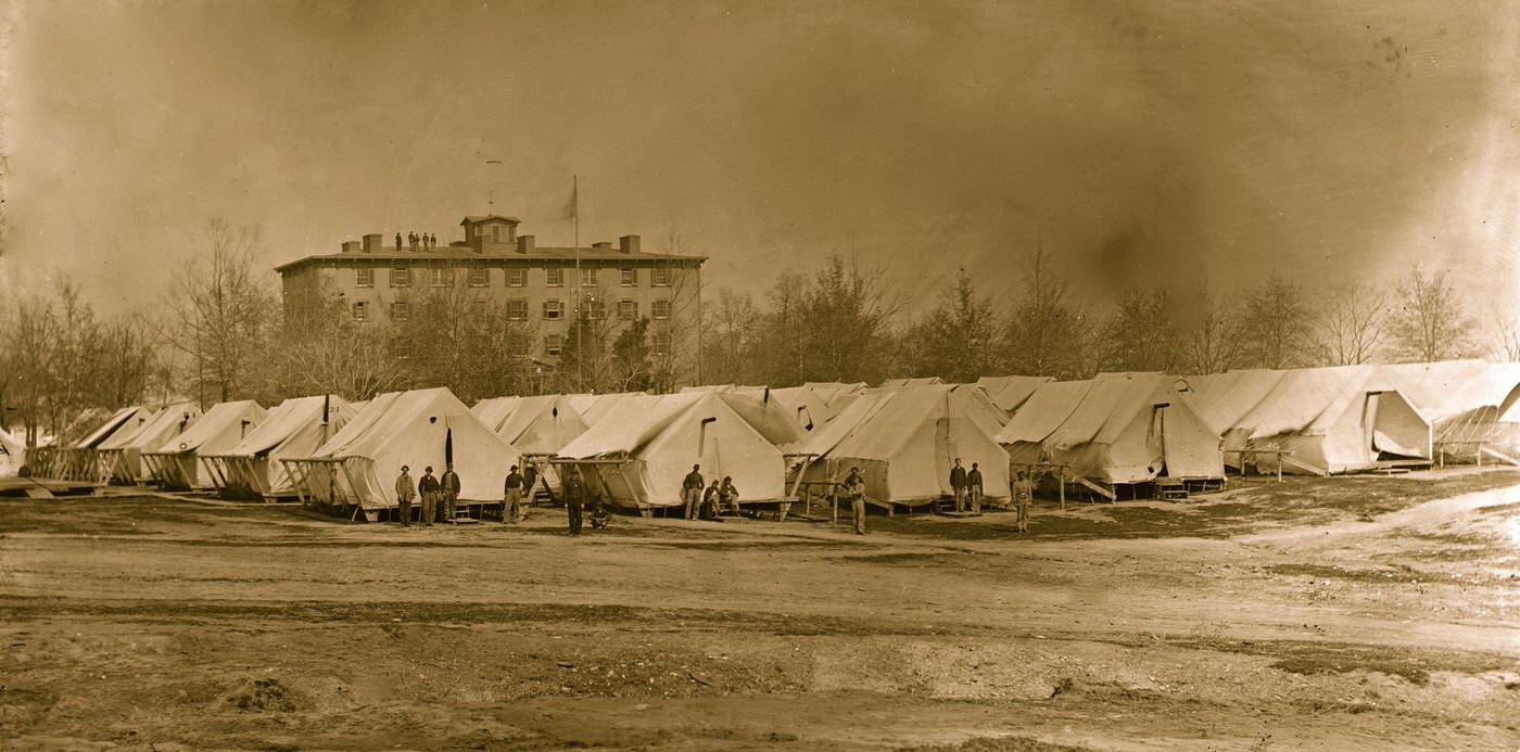 Hospital tents at Camp Carver, with Columbian College building in the background, Washington, D.C., May 1864.