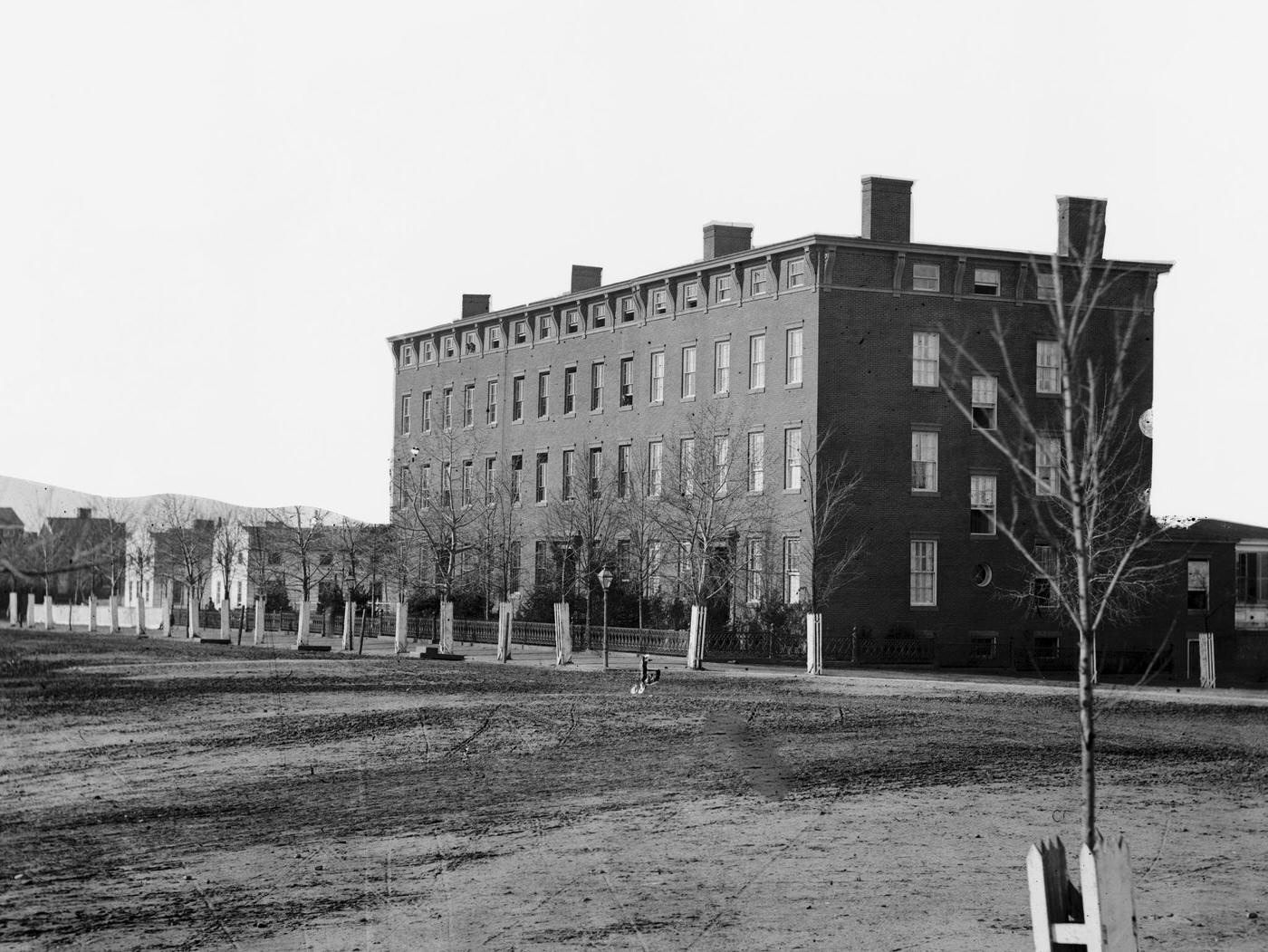 Exterior view of Douglas Hospital (formerly 'Minnesota Row') at 2d and I Streets NW, Washington, DC, 1864.