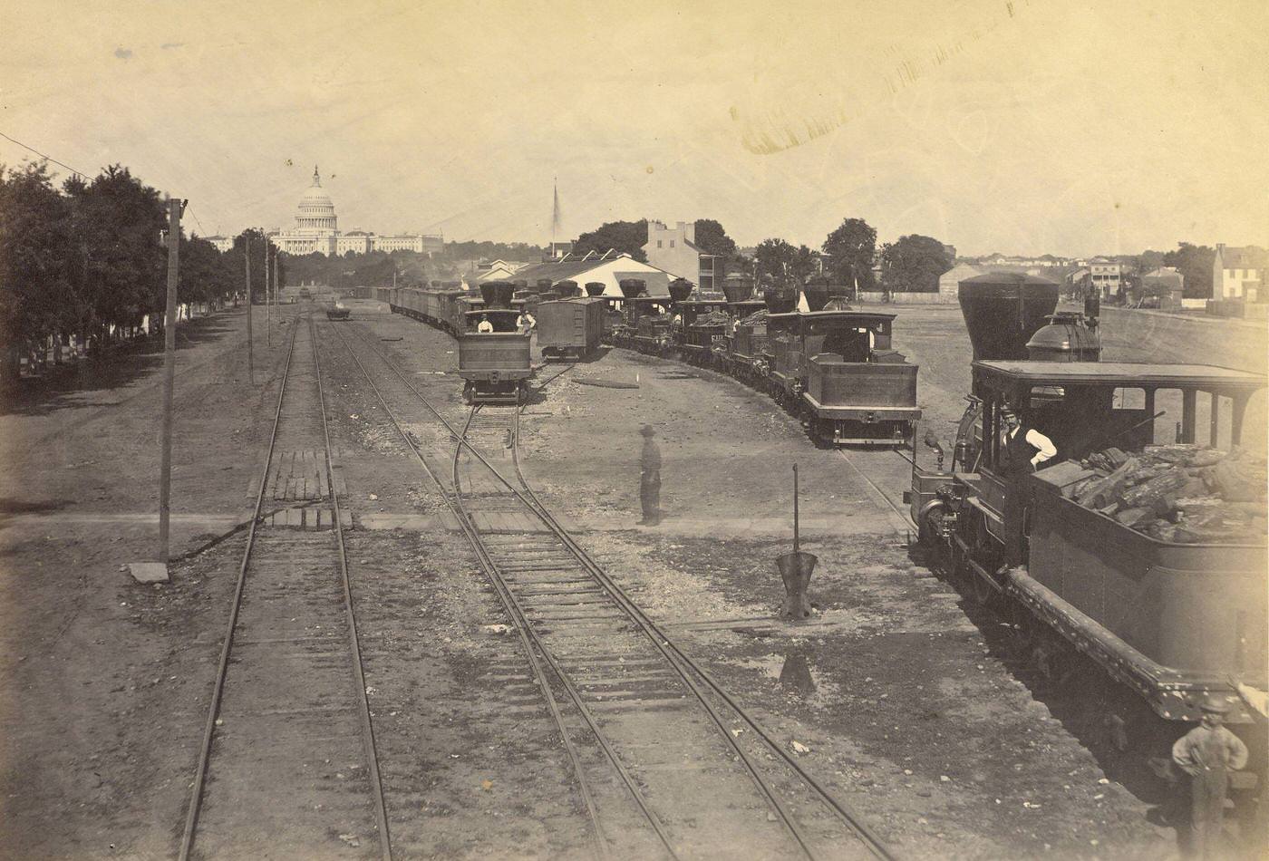 No. 189. Maryland Avenue Depot, Washington, D.C., With Engines sent from Alexandria for safety, 1863