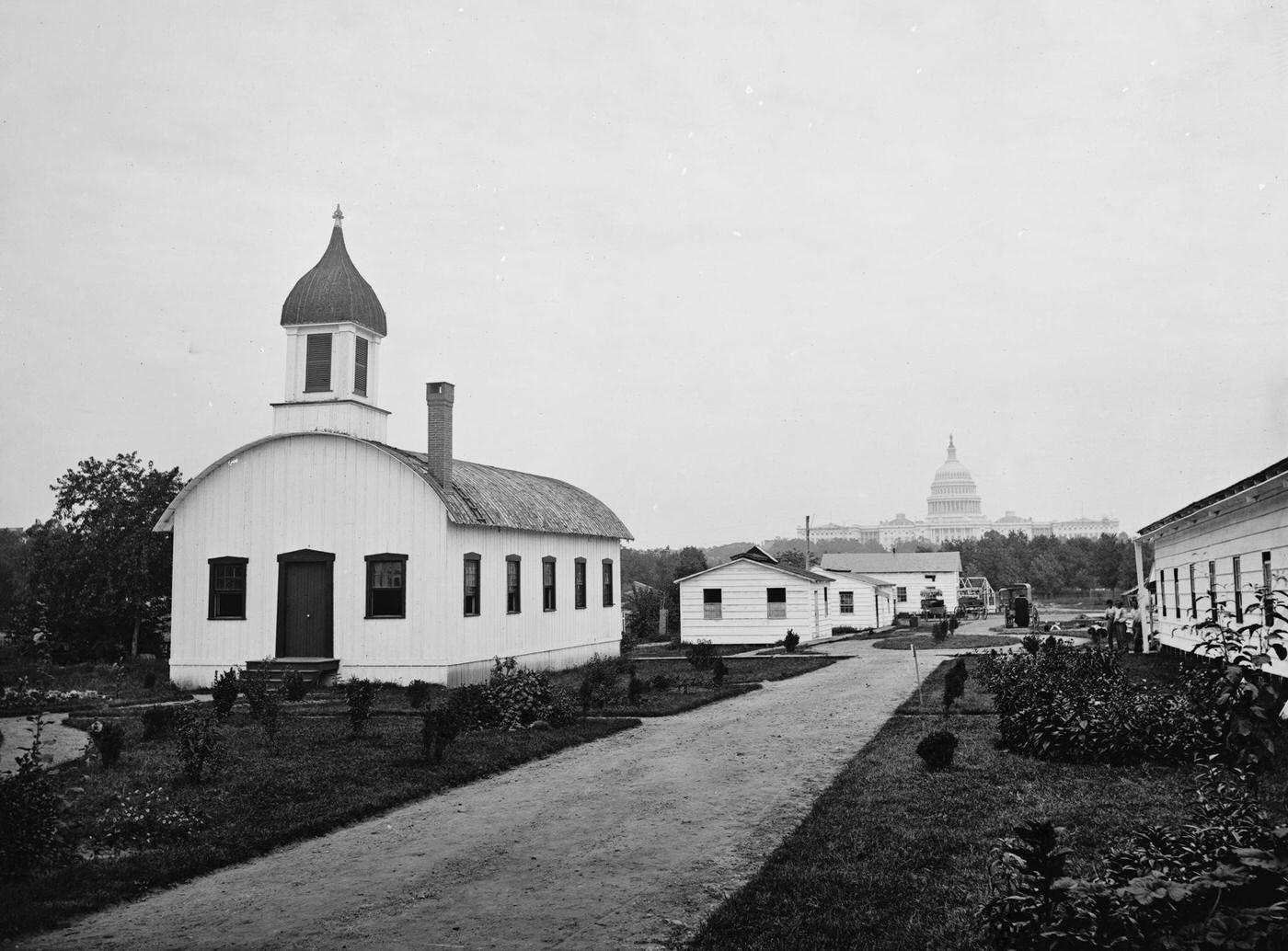 View of the chapel and other buildings of Armory Square Hospital, at 6th and B Independence Avenue, Washington, DC, August 1865.
