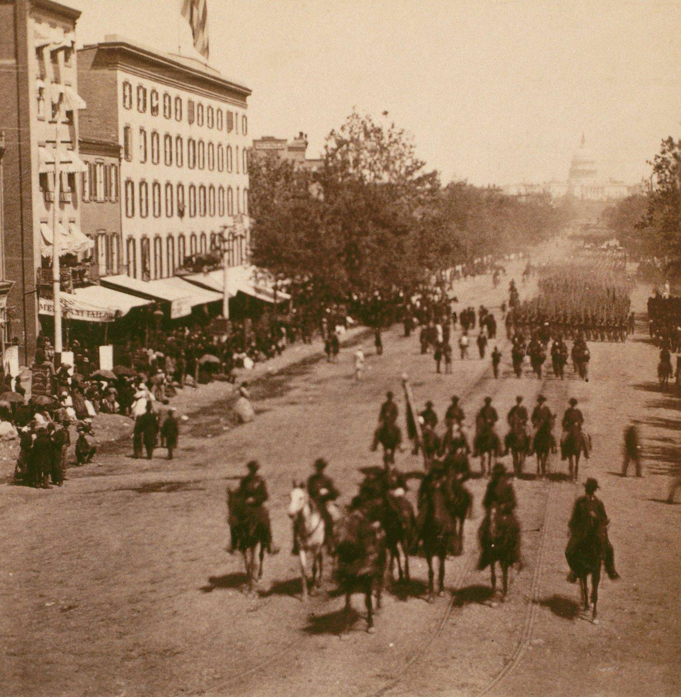 Major General A.A. Humphreys leads the Second Corps during a victory parade in Washington, D.C., on May 23, 1865.