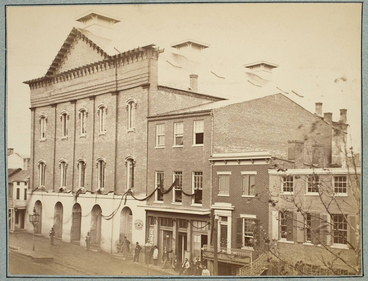 Exterior view of Ford's Theater in Washington, D.C., where President Lincoln was assassinated by the actor John Wilkes Booth, 1865.