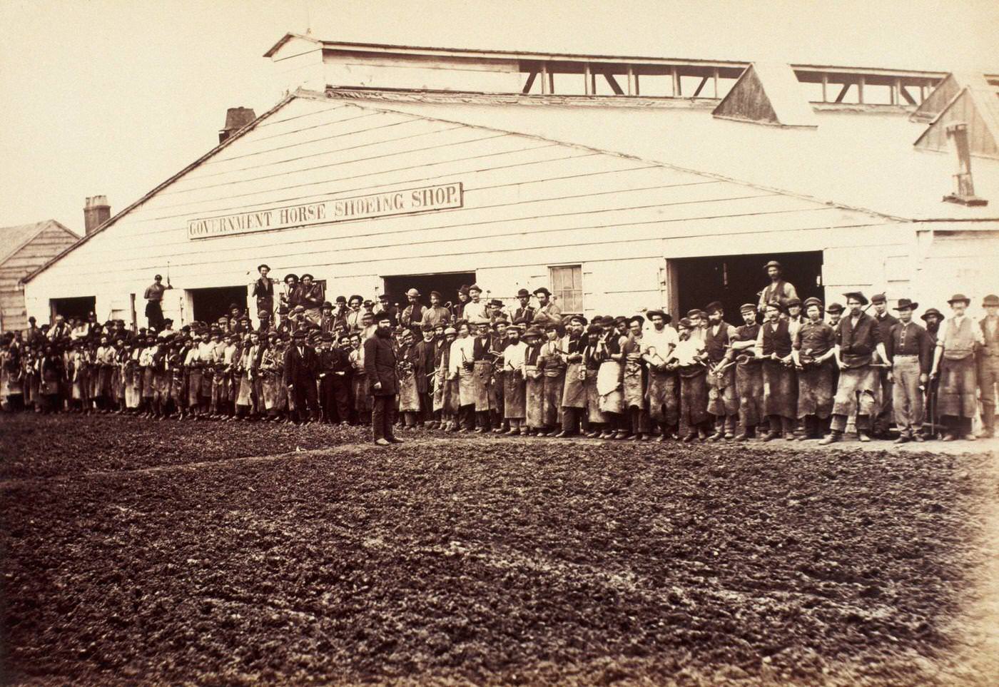 Hundreds of blacksmiths were employed during the Civil War at the Government Horse Shoeing Shop in Washington, D.C., 1865