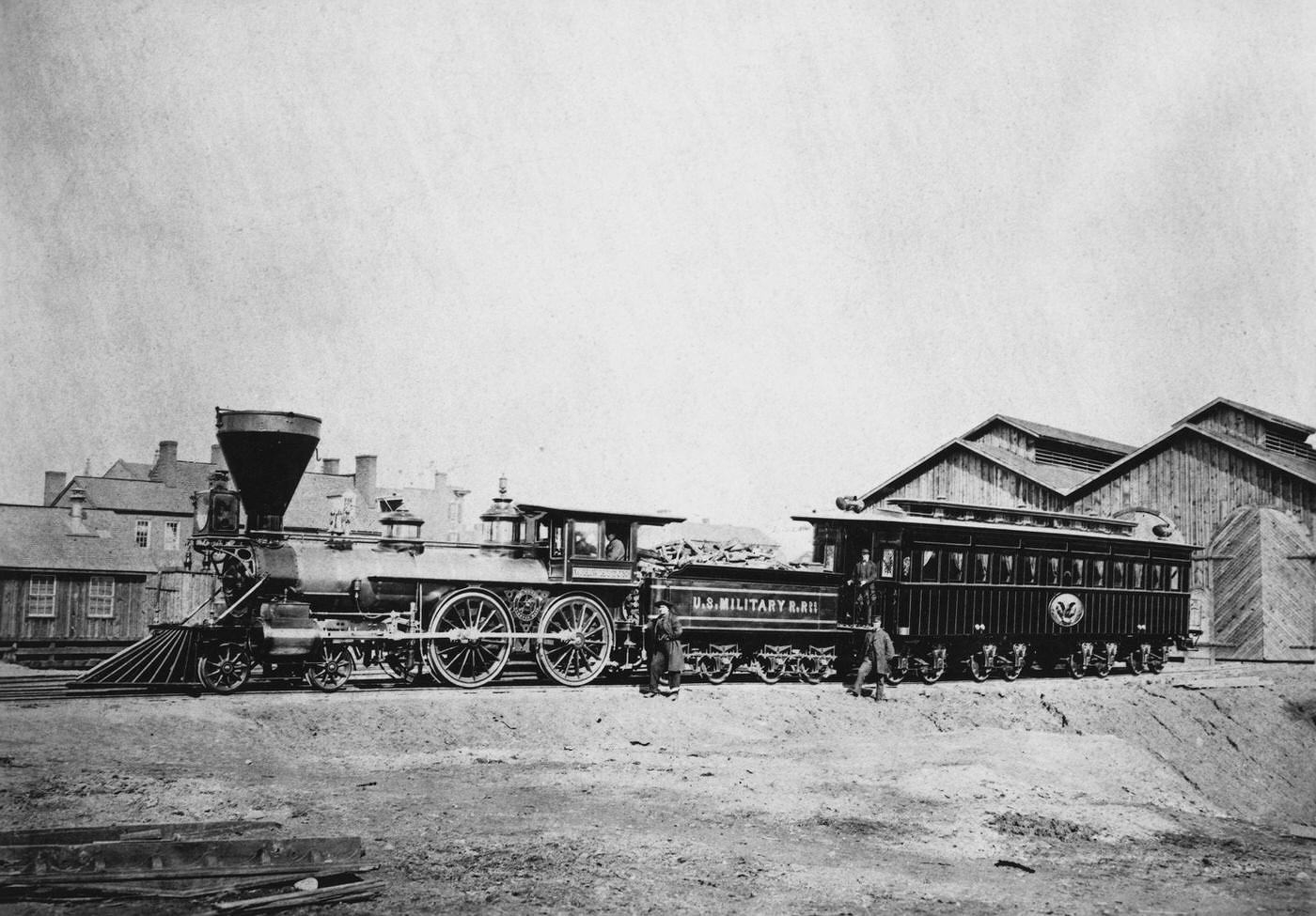 The train carrying President Abraham Lincoln's casket during his funeral remains idle at the station, Washington, D.C., 1860s