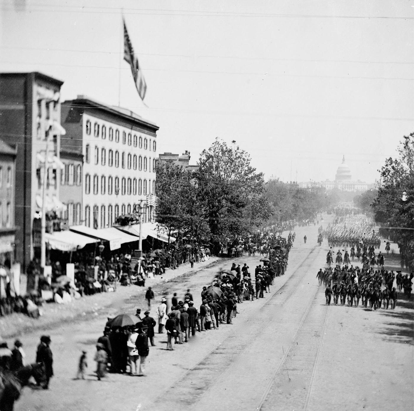 Infantry passing on Pennsylvania Avenue near the Treasury, during the "grand review" of the Union Army, Washington, D.C., 1865