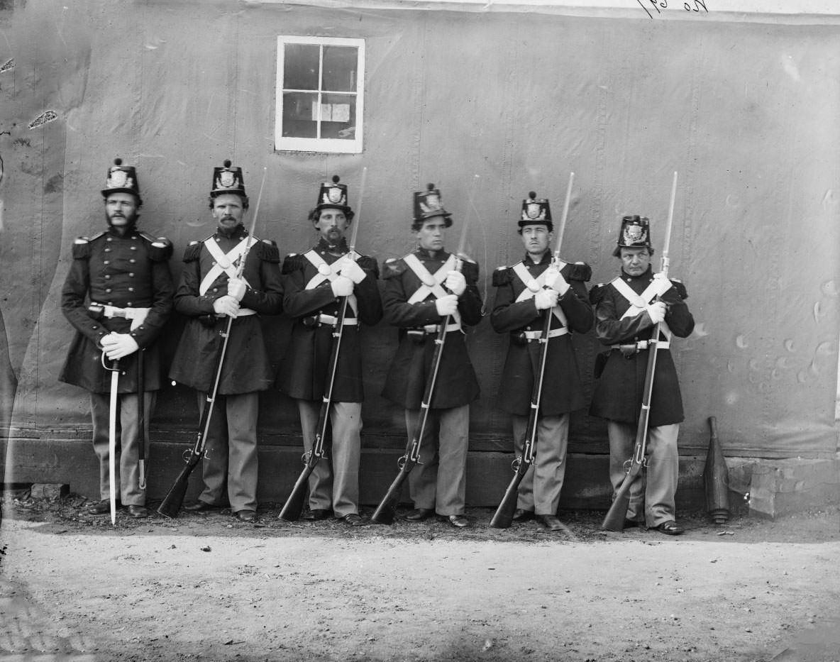 Washington, D.C. Six marines with fixed bayonets at the Navy Yard, 1864