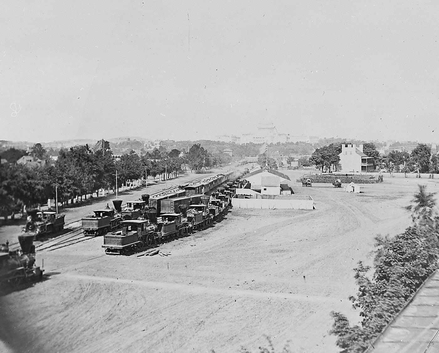 View of trains in the Maryland Avenue depot, Washington DC, 1860s.