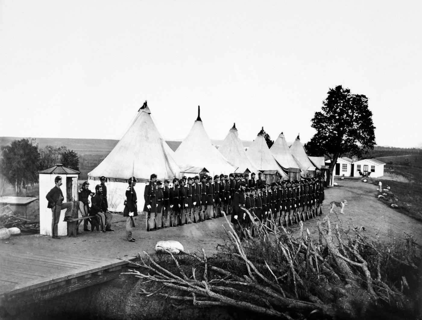 An infantry company on parade during the American Civil War, 1863.