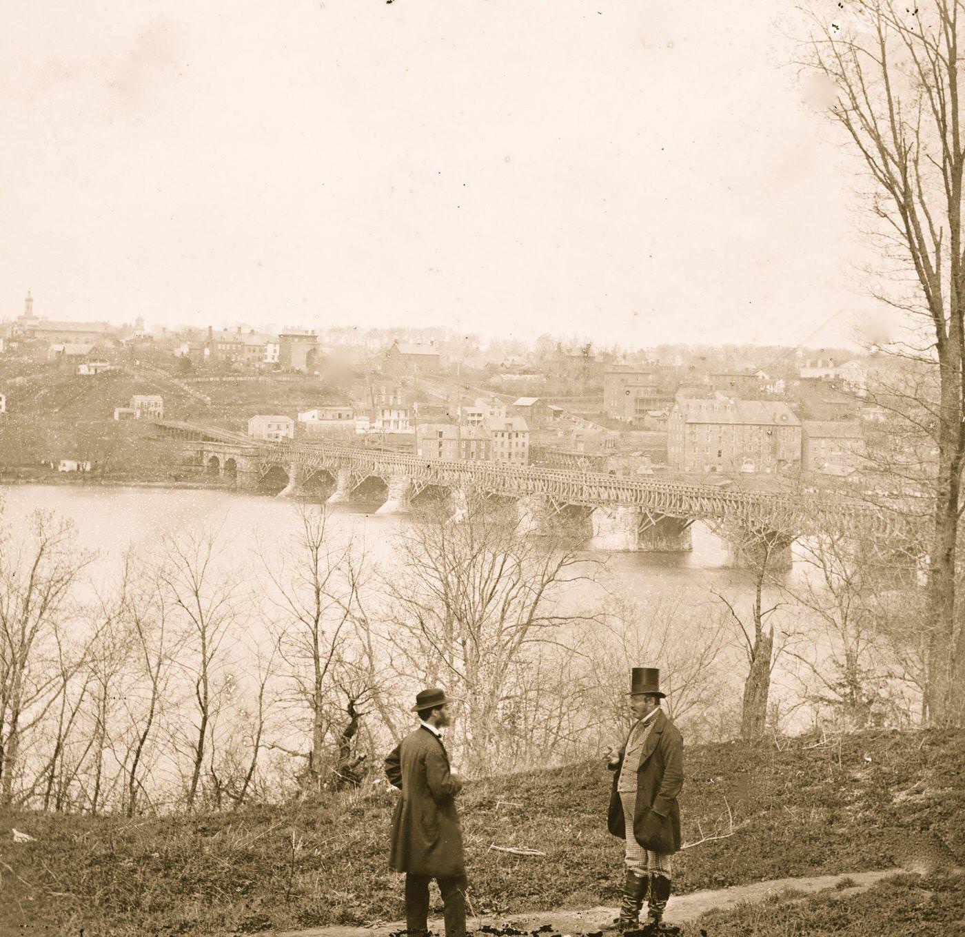 The Aqueduct bridge and Georgetown from the Virginia bank Washington, D.C., 1863