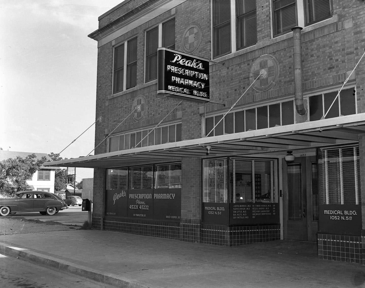 Peak's Pharmacy at 1052 N. 5th Street in Abilene, 1953