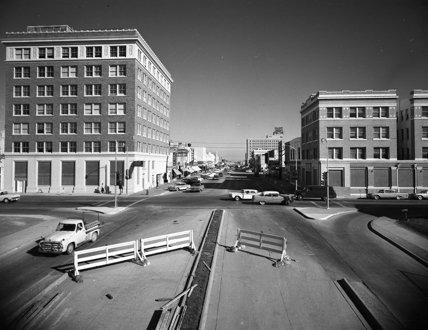 Road construction at the corner of Pine Street in Abilene, 1957