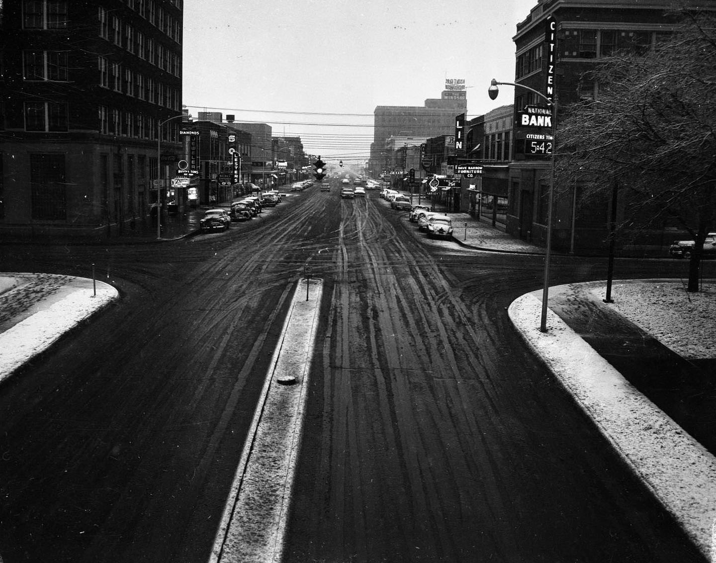 Part of the Abilene downtown after it has snowed, 1959