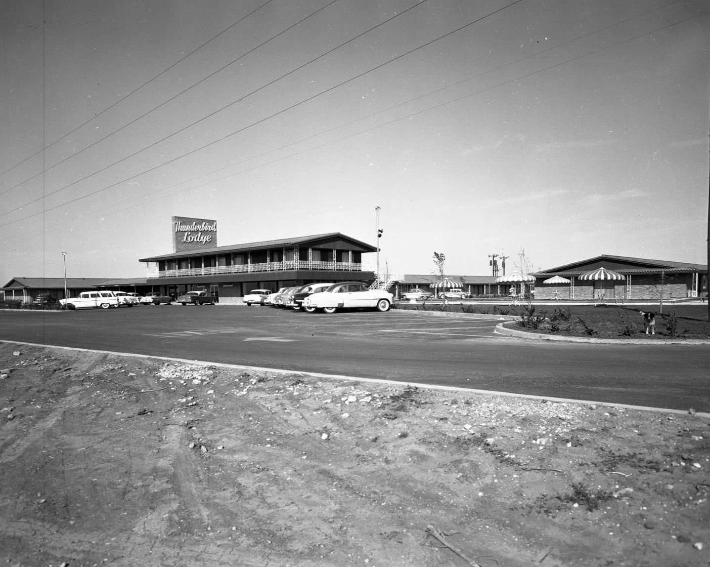 An exterior view of the Thunderbird Lodge, 1956