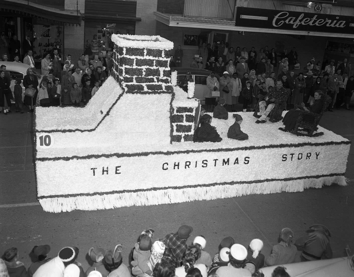 The Christmas Story float at a Christmas Parade in Abilene, 1956