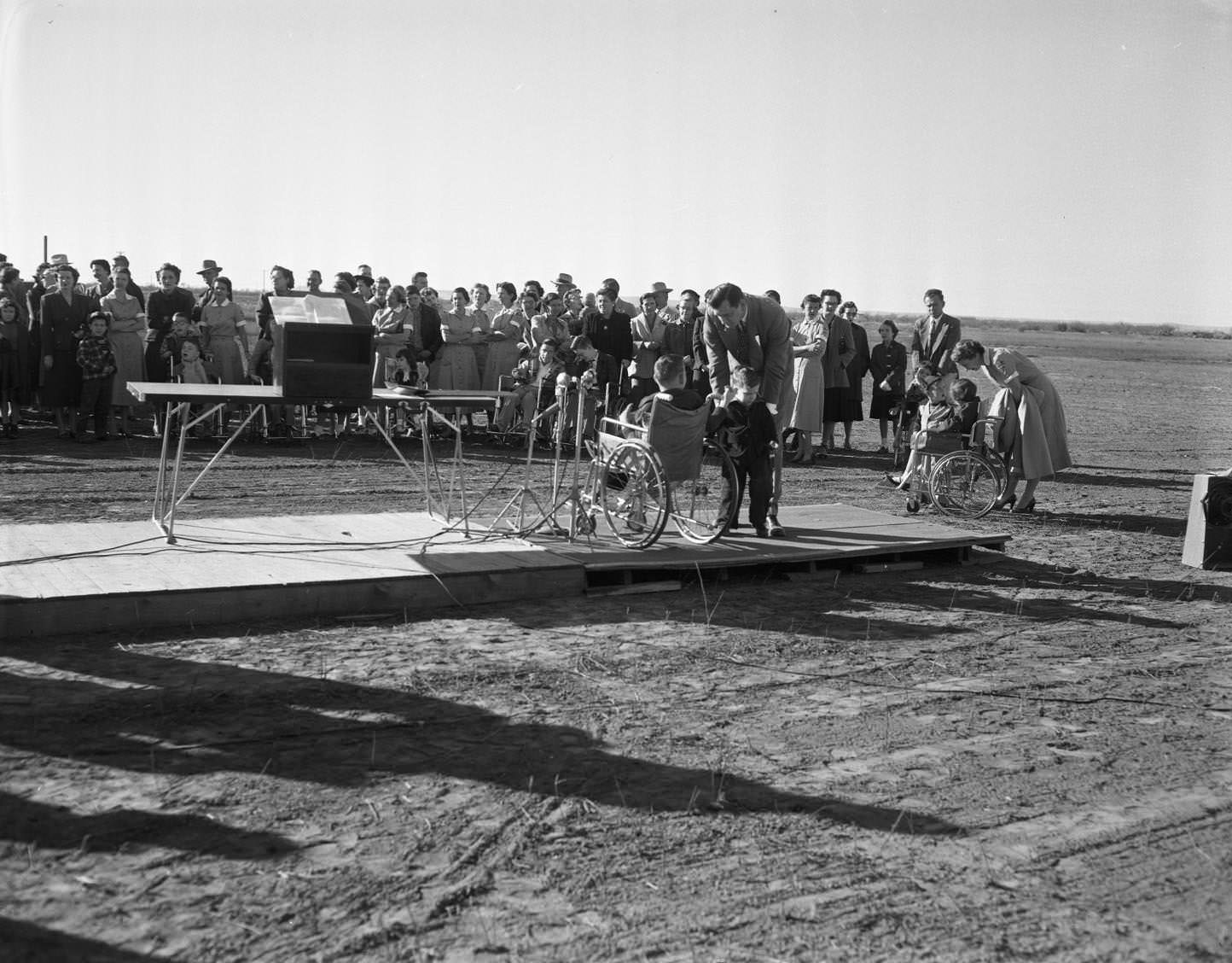 People at the groundbreaking ceremony for a home for disabled children, 1955