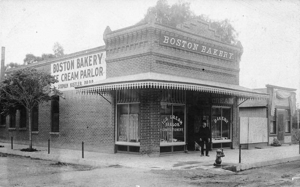 Boston Bakery (the second of two sites), established in 1891/92, located on the corner of Center Street (later Lincoln Ave.) and Hermine (later Claudina St.), 1896