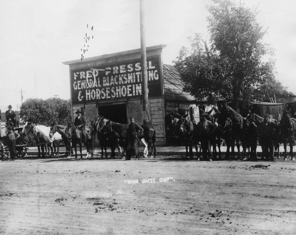 Fred Pressel Blacksmith Shop, Anaheim. 1895