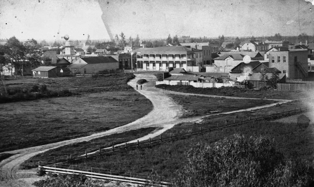 Planters Hotel in Elevated View of Anaheim, 1880s