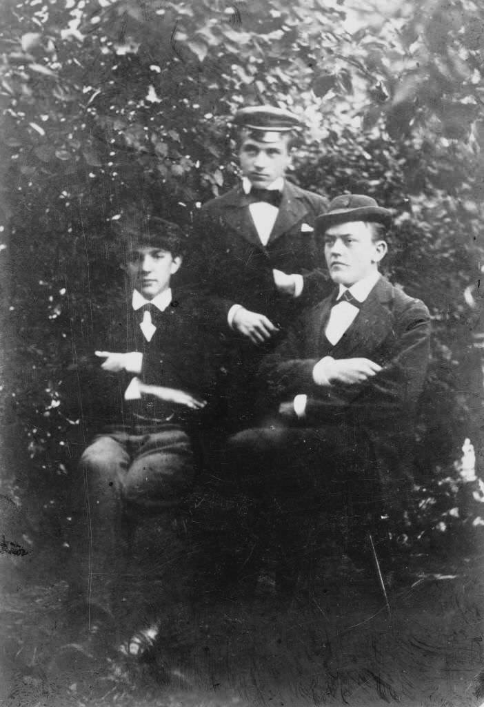 Otto Koenig (Kronig), Herman A. Dickel and an unidentified man, 1875. The background shows a climbing vine. Two men are seated and one is standing in the middle.