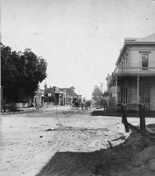 A stereoscopic view looking East on Center Street at the corner of Lemon Street, Anaheim, 1868