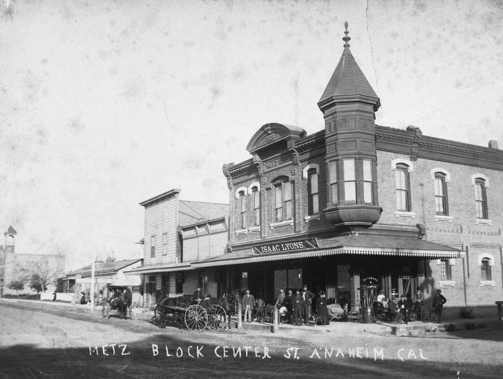 Metz Block buildings, located at 106 South Los Angeles Street (later Anaheim Blvd.) at the the southeast corner of Center Street (later Lincoln Ave.), 1889