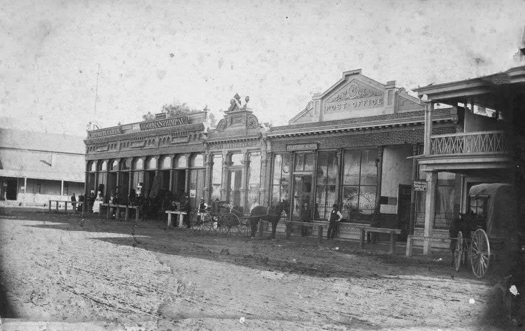 Center Street, Anaheim, looking west from corner of Los Angeles St. (now Anaheim Blvd.), 1885