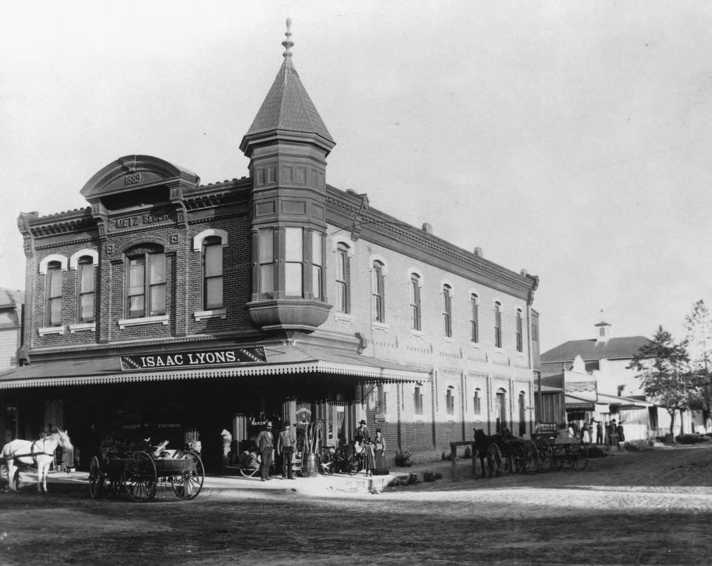 Isaac Lyons Hardware Store, located in the Metz Building at 106 South Los Angeles St. (later Anaheim Blvd.), 1889