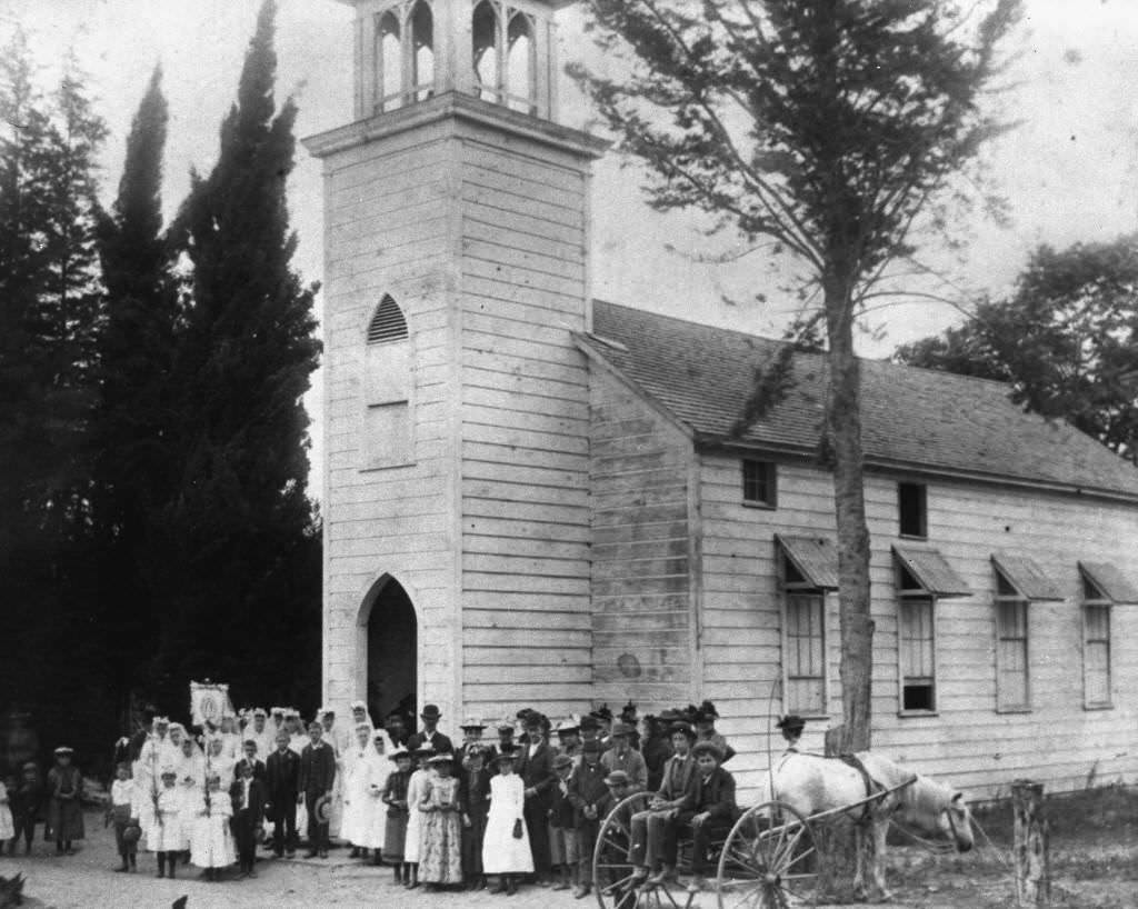 St. Boniface Catholic Church, built in 1879, second building located on Cypress Street between the jail and the pumping plant, 1880