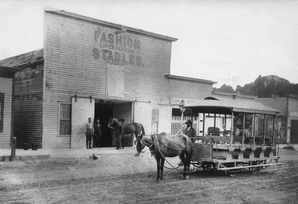 Anaheim Streetcar in Front of the Fashion Stables, Anaheim, 1887