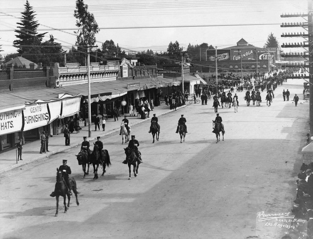 Parade of Knights of Pythias Down Center Street, Anaheim, 1892