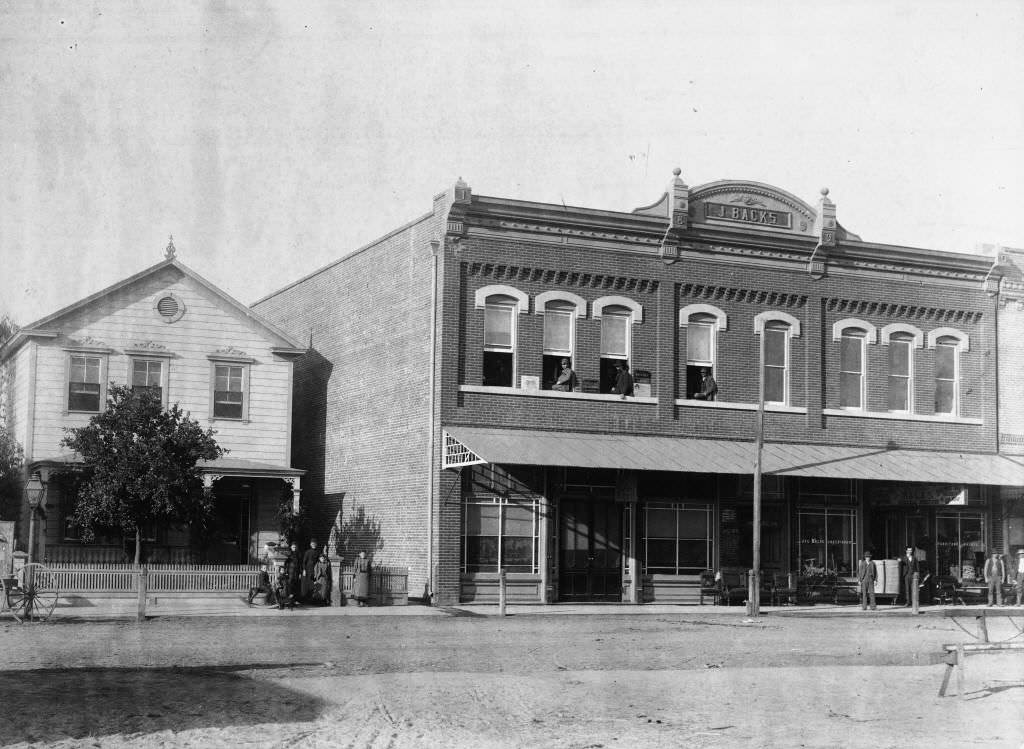Joseph Backs building and residence, located at 125 and 119 respectively on west side of North Los Angeles Street, Anaheim, 1895