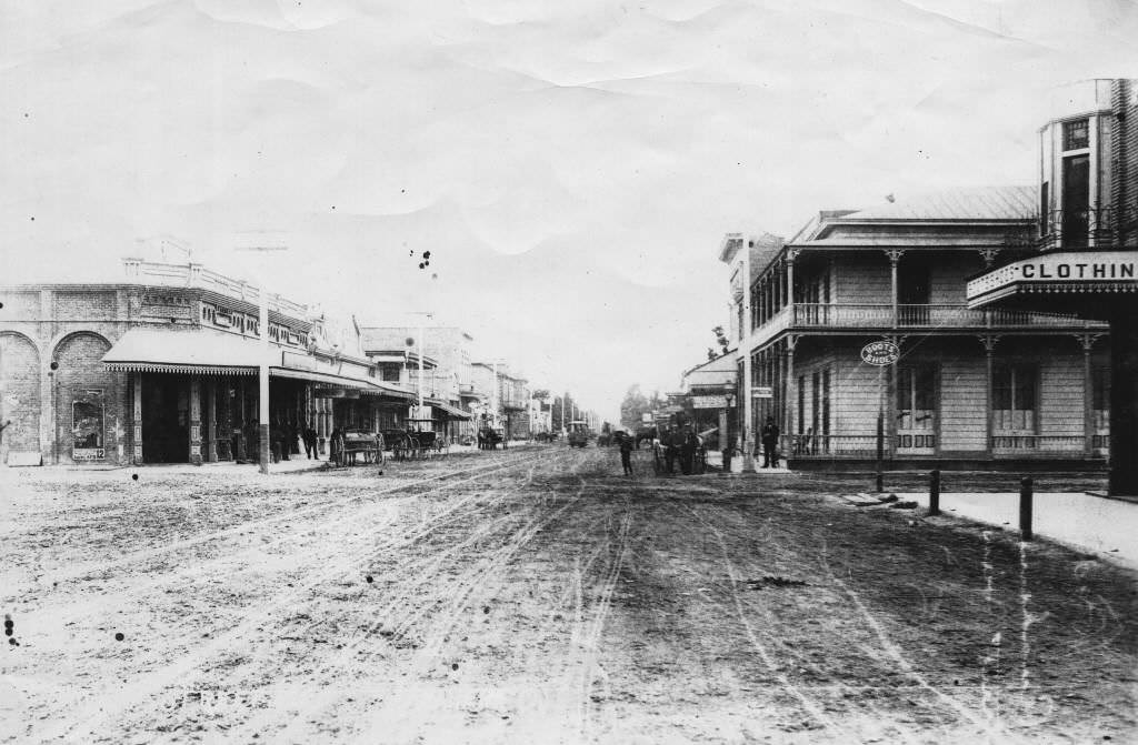 Looking West on Center Street, Anaheim at the corner of Los Angeles Street, Anaheim, 1890
