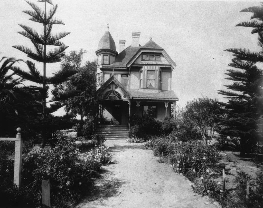 View of the Twin Pines Ranch house, located at the corner of County Road (now West Lincoln Ave.), Anaheim, 1890