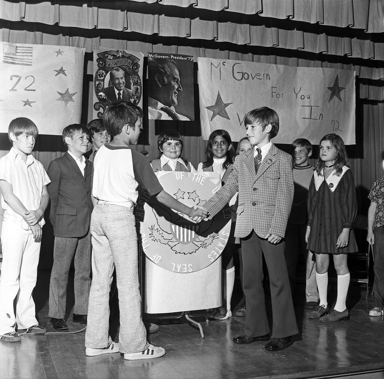 Children volunteering for a national children's poll for the 1972 presidential election, conducted by the "Hoot Owl" children's newspaper in Arlington, tabulated at Six Flags Over Texas.