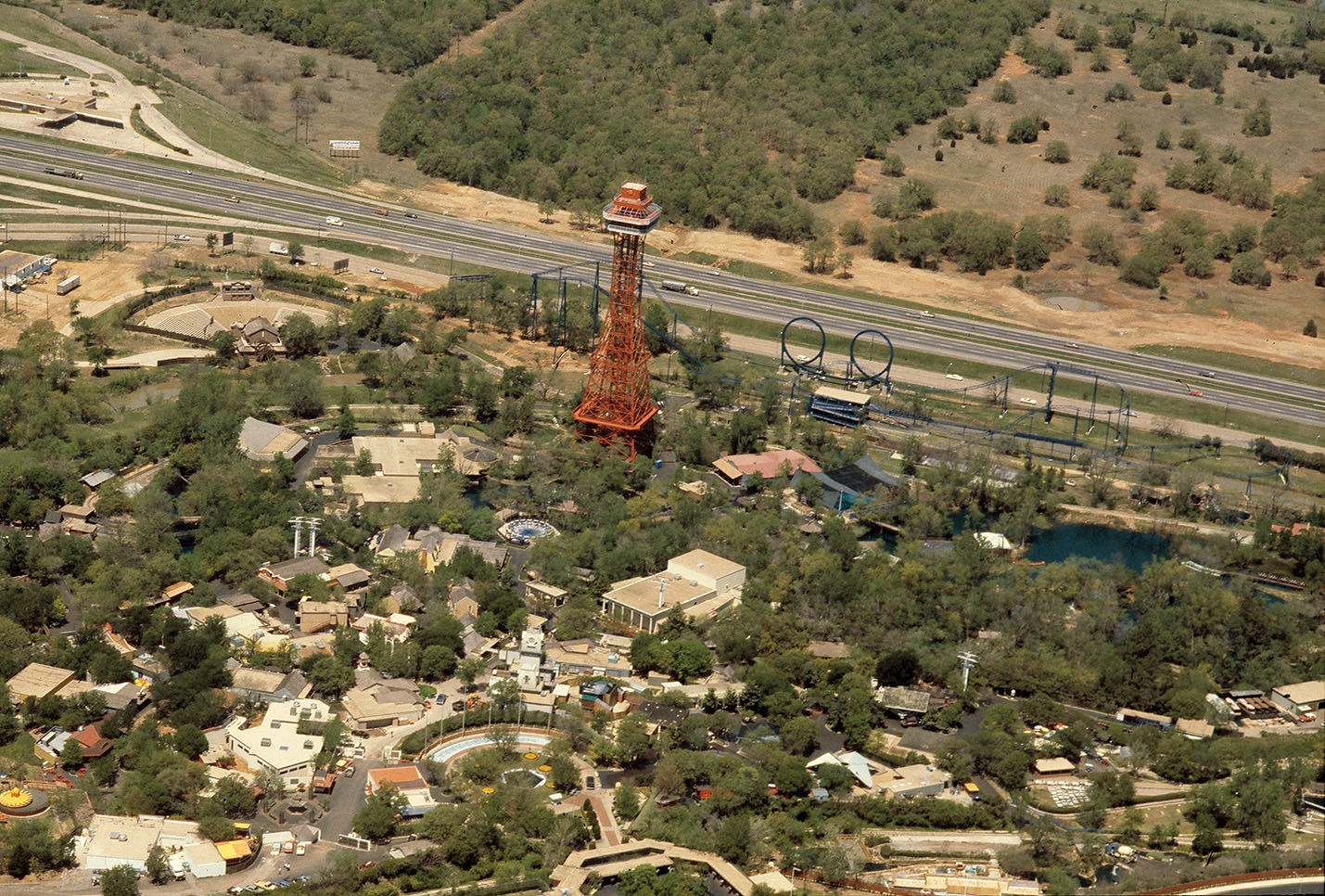 Aerial view of Six Flags Over Texas, after 1978