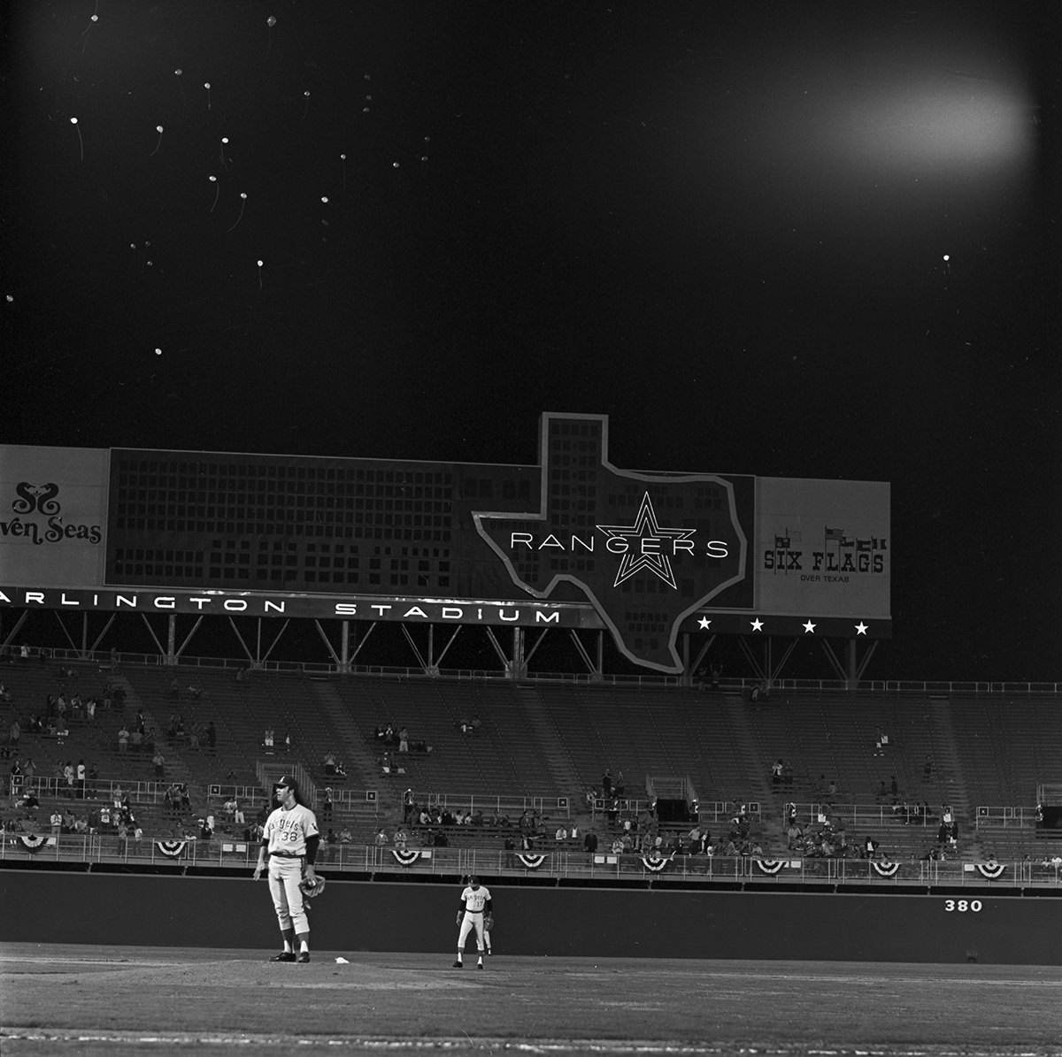 Texas Rangers vs. California Angels baseball game at Arlington Stadium, April 1972.