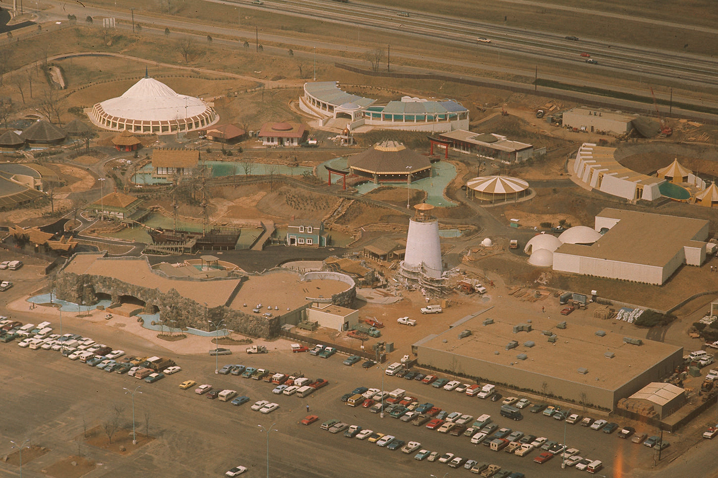 Aerial view during construction of Seven Seas Marine Life Park in Arlington, Texas, 1972