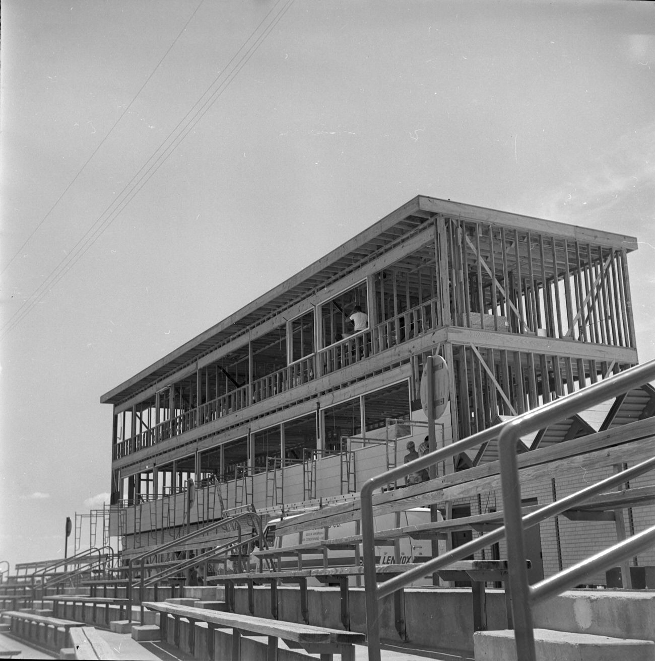 Turnpike Stadium construction; two-level press box, Arlington, Texas, 1970