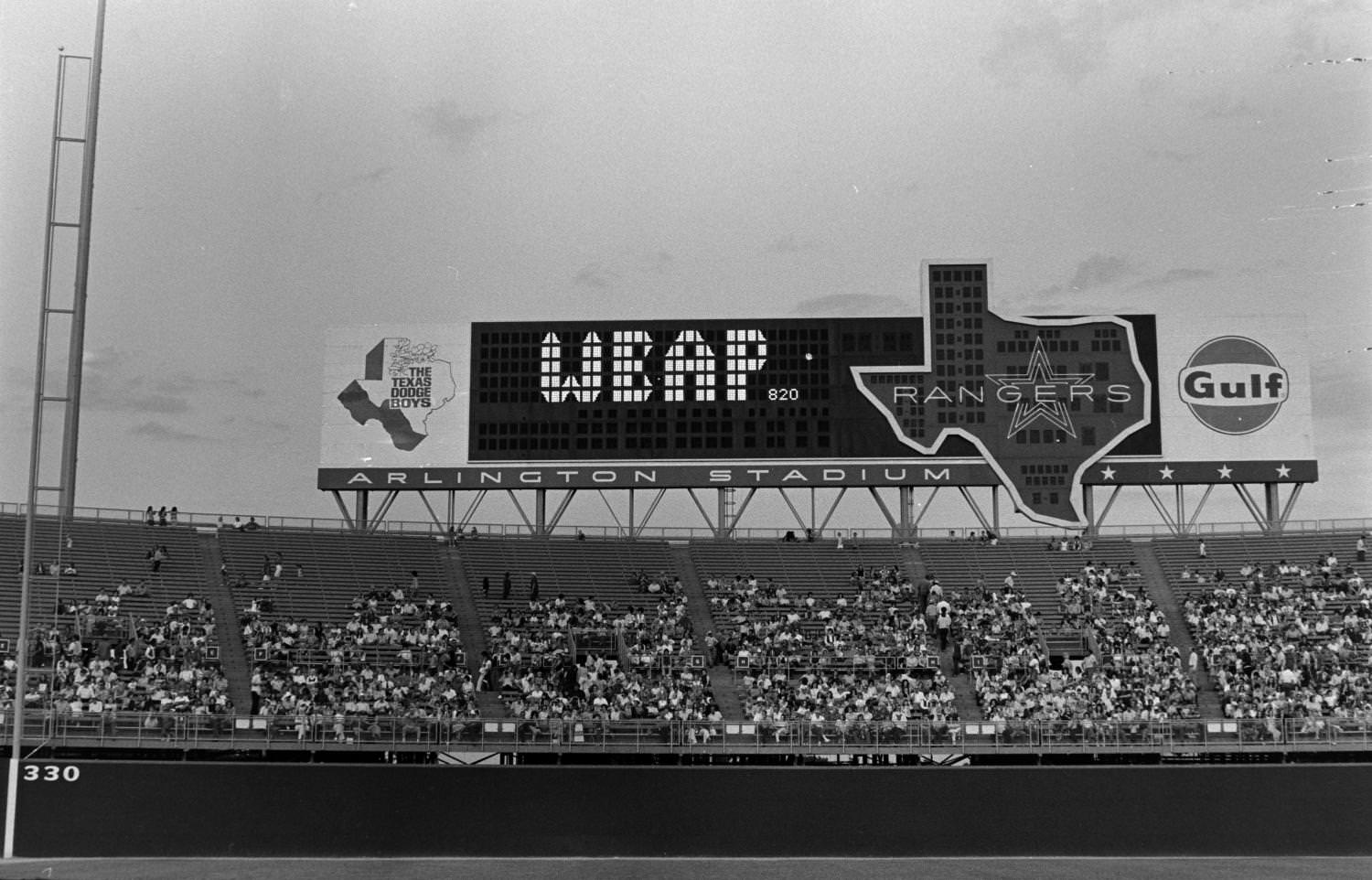 The scoreboard at Arlington Stadium during WBAP's Country Gold third anniversary event, 1973