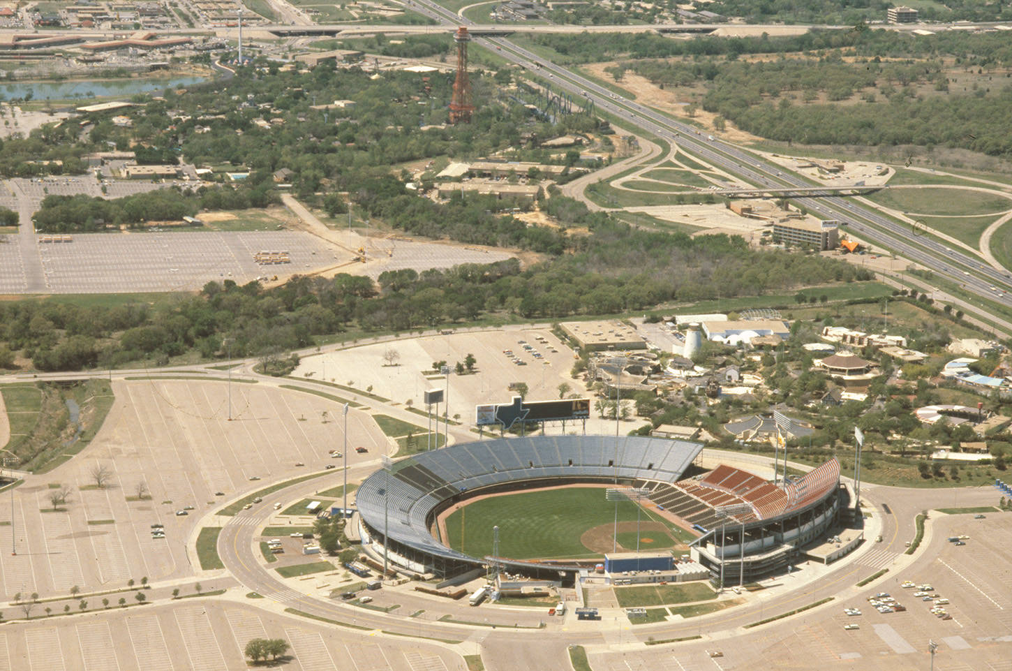 Air view of Arlington Stadium, Arlington, 1975