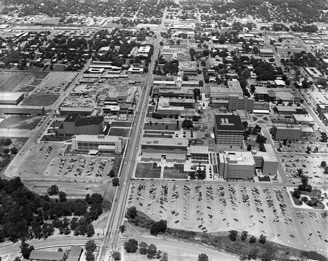 Aerial of U. T. A. campus looking north up Cooper Street, 1973