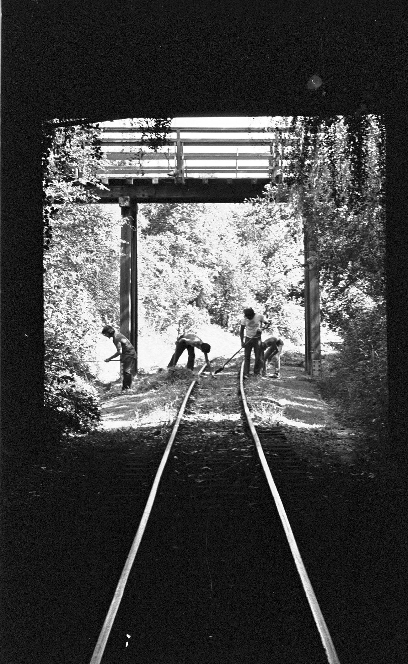 Maintenance on tracks, Six Flags Over Texas, 1978