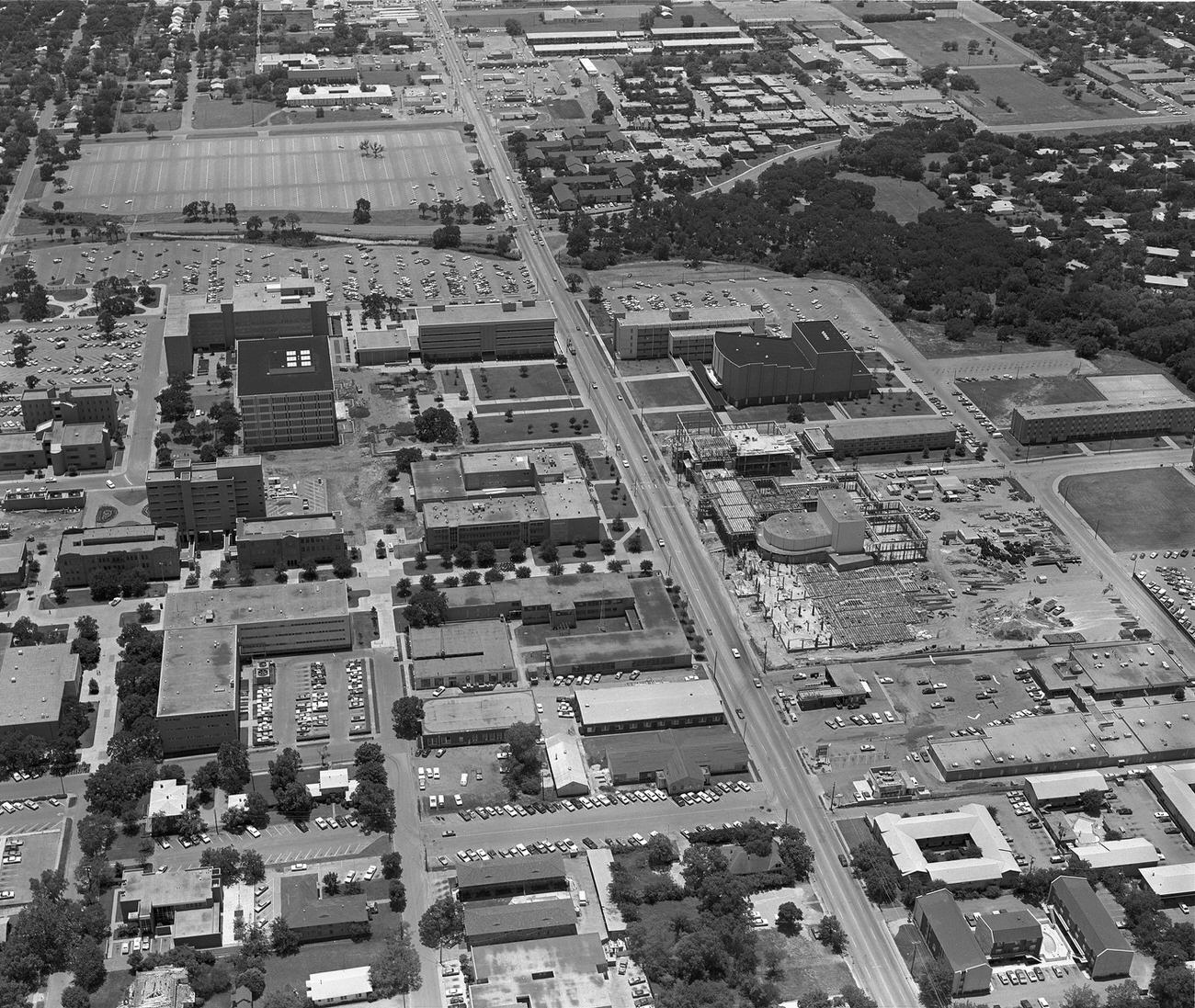 An airview of University of Texas at Arlington (U. T. A.) looking south, 1973
