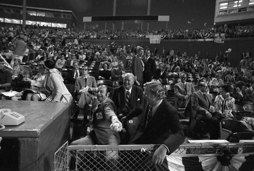 Opening day of Texas Rangers baseball with Arlington Mayor Tom Vandergriff waiting to throw the opening pitch, 1972
