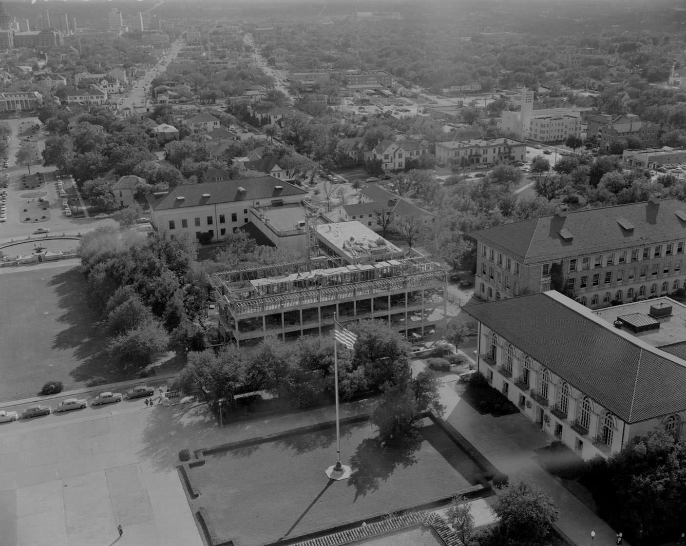 An aerial view of construction at the University of Texas, 1954
