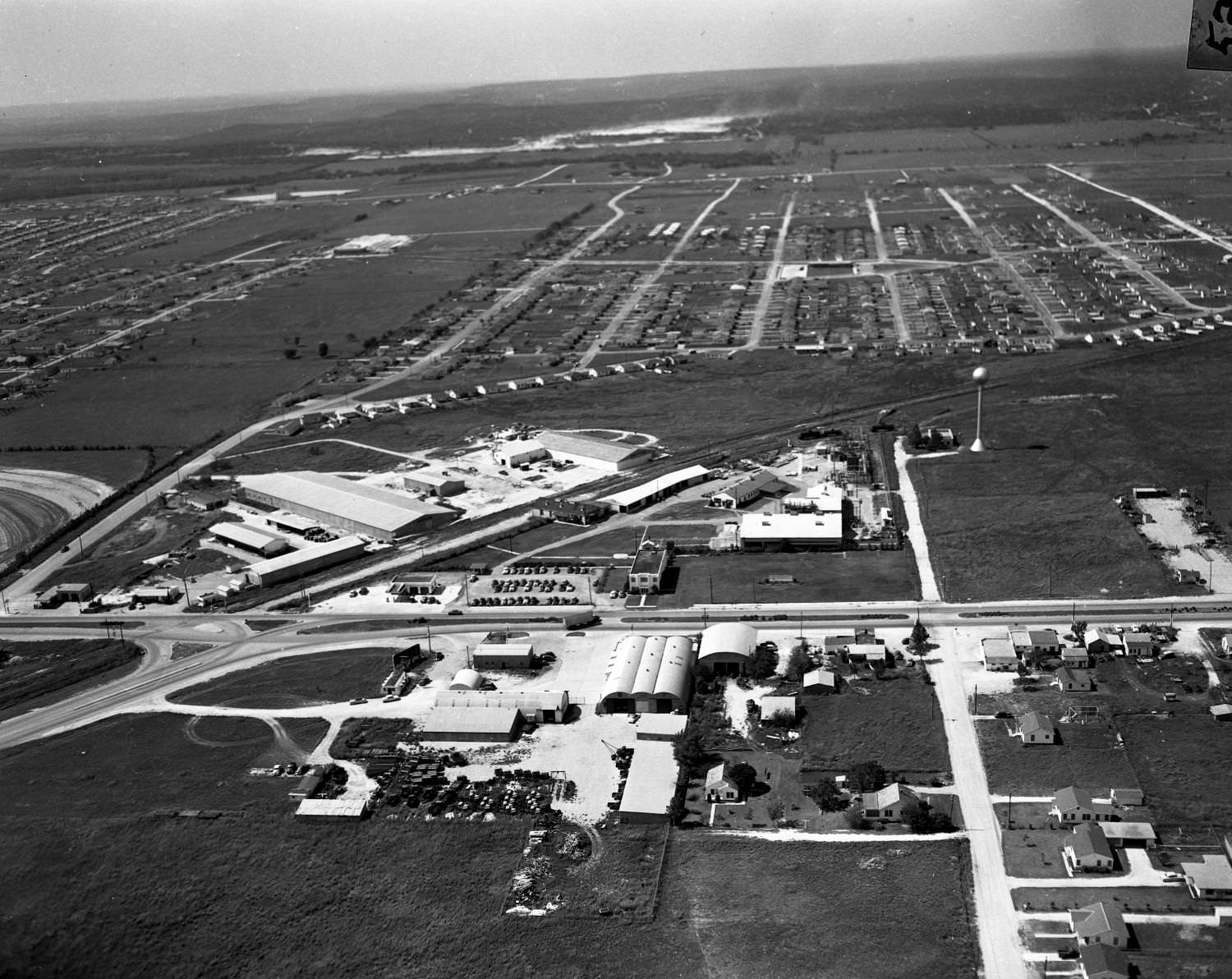 Aerial view of Jefferson Chemical Plant, Austin, Texas, looking west, 1956