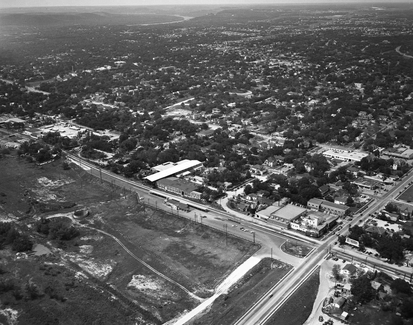 Looking NW from about the north approach from Lamar bridge, 1950